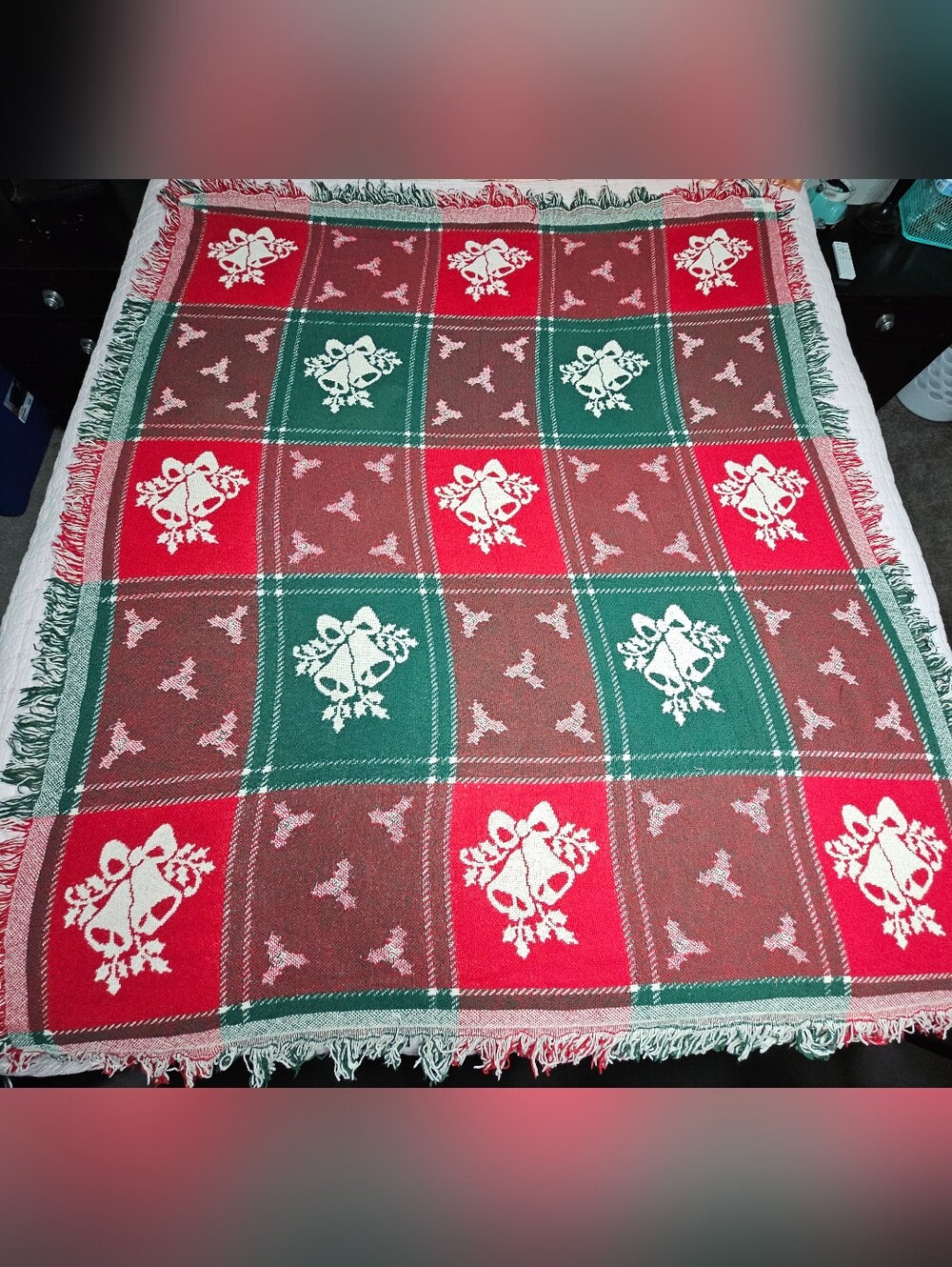 Vintage Christmas Reversible Throw Blanket W/Fringe Red Green White Bells Holly